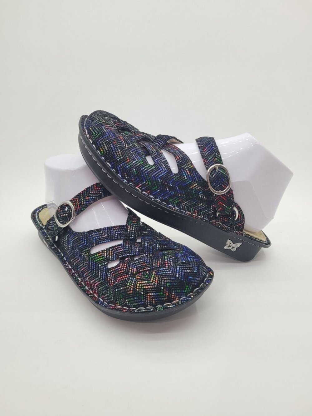 NWOB Alegria Freesia Black Metallic Multicolor Slip On Woven Mules Size 38